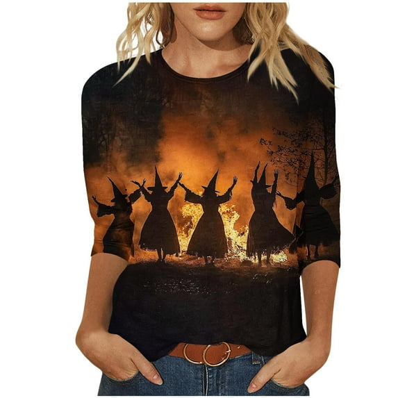 Women's Halloween Shirt 3/4 Sleeve Crew Neck Vintage Fall Tee Casual Witch Printed Holiday Tops
