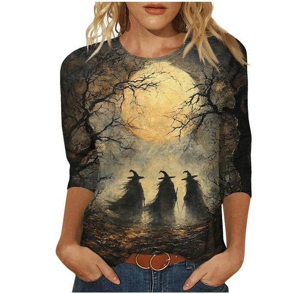 Women's Halloween Shirt 3/4 Sleeve Crew Neck Vintage Fall Tee Casual Witch Printed Holiday Tops