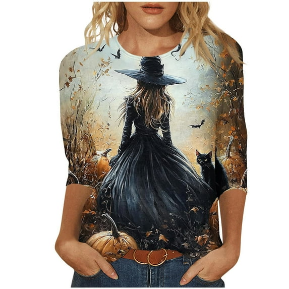 Women's Halloween Shirt 3/4 Sleeve Crew Neck Vintage Fall Tee Casual Witch Printed Holiday Tops