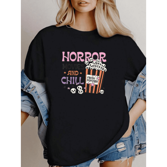Women’s Halloween Shirt – Creepy Skull with Popcorn Design T-Shirt