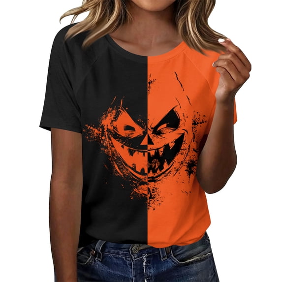 Women's Halloween Shirt Short Sleeve Graphic Tee, Soft Halloween T-Shirt Ghost Pumpkin Top for Fall Casual and Trick-Or-Treat 01-Earthy Yellow L