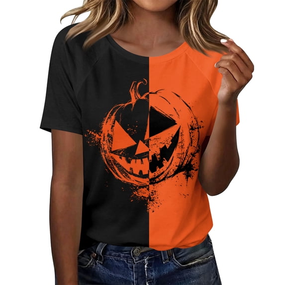 Women's Halloween Shirt Short Sleeve Graphic Tee, Soft Halloween T-Shirt Ghost Pumpkin Top for Fall Casual and Trick-Or-Treat 02-Saffron L