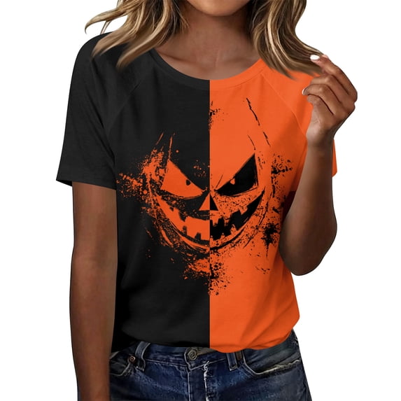 Women's Halloween Shirt Short Sleeve Graphic Tee, Soft Halloween T-Shirt Ghost Pumpkin Top for Fall Casual and Trick-Or-Treat 02-Yellow M