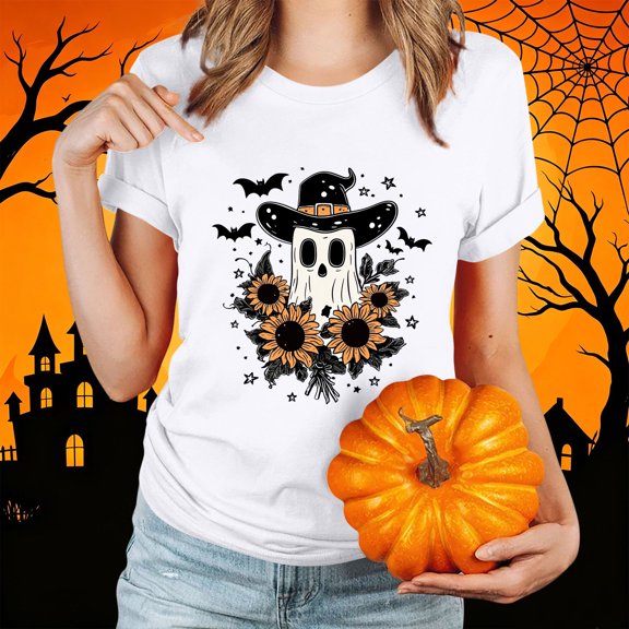 Women's Halloween Shirts Cute Ghost Sunflower Graphic Tees Casual Short Sleeve Crewneck Tops Witch Hat Print Fall Holiday T-Shirts Comfortable Everyday Wear