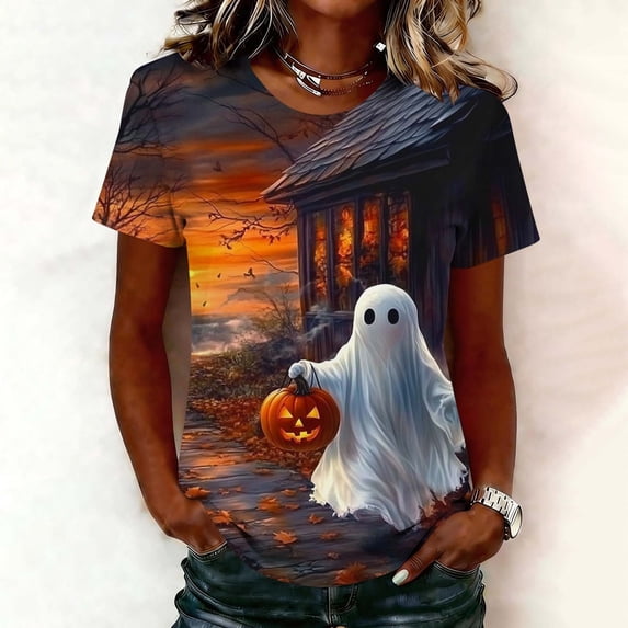 Women's Halloween Shirts Short Sleeve Crewneck Graphic Tees Ghost Pumpkin Print Casual Fall Tops Novelty Holiday Party Blouses Lightweight Comfortable Apparel