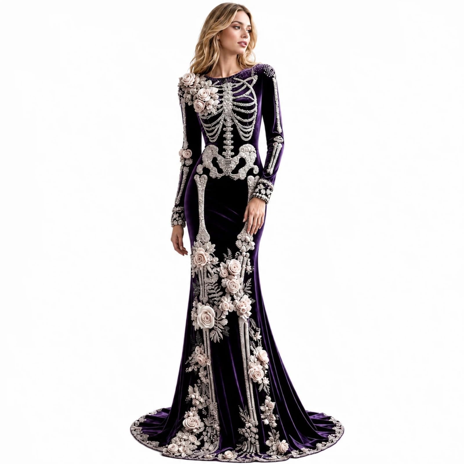 Women's Halloween Skeleton Costume, Gothic Witch Dress with Long Sleeves and Round Neck, Medieval Renaissance Cosplay Dress for Halloween Party, Costume Events & Themed Parties