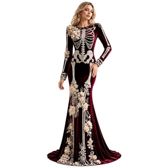 Women's Halloween Skeleton Costume, Gothic Witch Dress with Long Sleeves and Round Neck, Medieval Renaissance Cosplay Dress for Halloween Party, Costume Events & Themed Parties