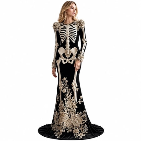 Lunavira Cozy Women's Halloween Skeleton Costume, Gothic Witch Dress with Long Sleeves and Round Neck, Medieval Renaissance Cosplay Dress for Halloween Party, Costume Events & Themed Parties