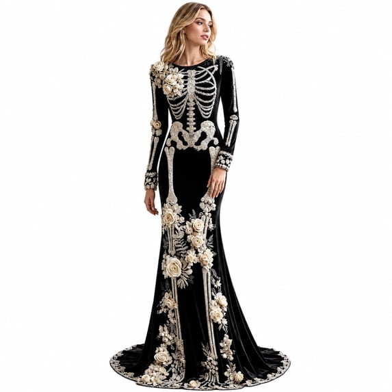 Women's Halloween Skeleton Costume, Gothic Witch Dress with Long Sleeves and Round Neck, Medieval Renaissance Cosplay Dress for Halloween Party, Costume Events & Themed Parties