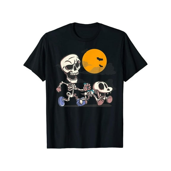 Women's Halloween Skeleton Dog Walker Graphic Tee, Spooky Pet Lover T-Shirt with Bats & Haunted House Design, Comfortable Casual Tops，Funny，cotton，black，S-5XL
