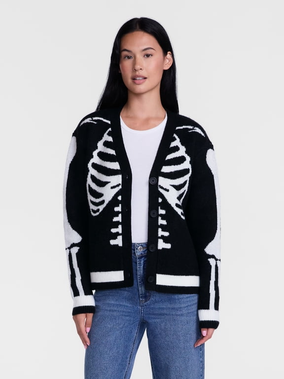 Women's Halloween Skeleton Graphic Cardigan Sweater from Way to Celebrate, Sizes S-4X
