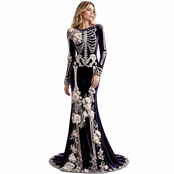 Women's Halloween Skeleton Print Dress, Long Sleeve Cowl Neck Medieval Witch Costume, Elegant Vintage Maxi Gown for Party Events, Glamorous Roleplay Fancy Dress