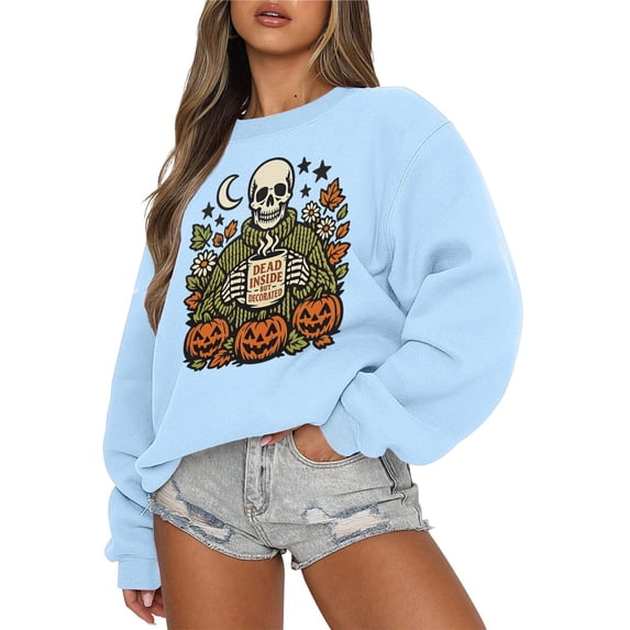 Women's Halloween Skeleton Pumpkin Graphic Crewneck Sweatshirt, Oversized Soft Fleece Pullover for Pumpkin Patch Halloween Party Daily Autumn Outfits(Light Blue4/L)