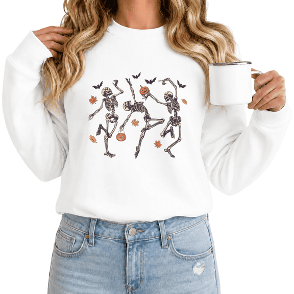 Women's Halloween Skeleton Pumpkin Graphic Sweatshirt Hand Drawn Festive Crewneck Long Sleeve Pullover