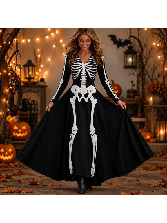 Women's Halloween Skeleton Rose Maxi Dress, Vintage Bohemian V Neck Long Sleeve Flowy Dress, Spooky Holiday Floor Length Gown for Costume Party Carnival 01-Black XL