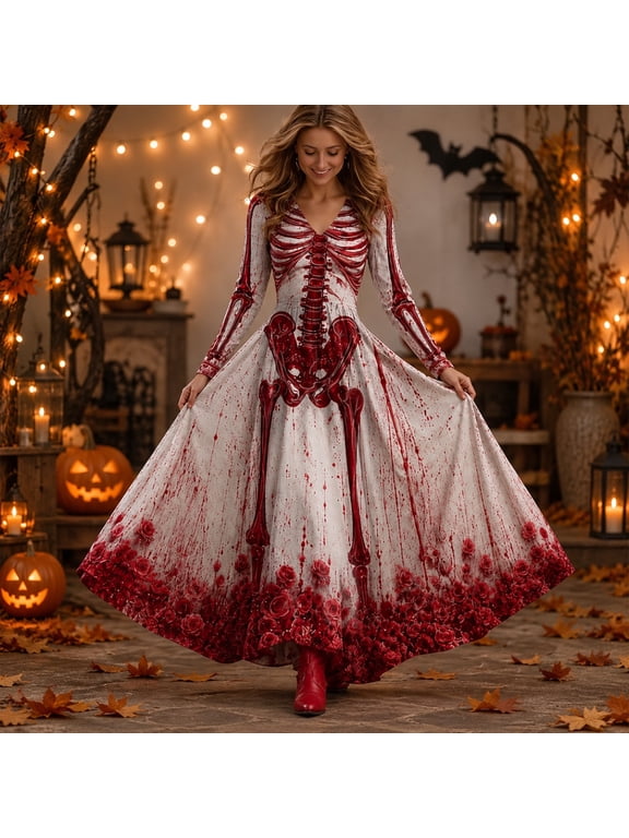 Women's Halloween Skeleton Rose Maxi Dress, Vintage Bohemian V Neck Long Sleeve Flowy Dress, Spooky Holiday Floor Length Gown for Costume Party Carnival 11-Red M
