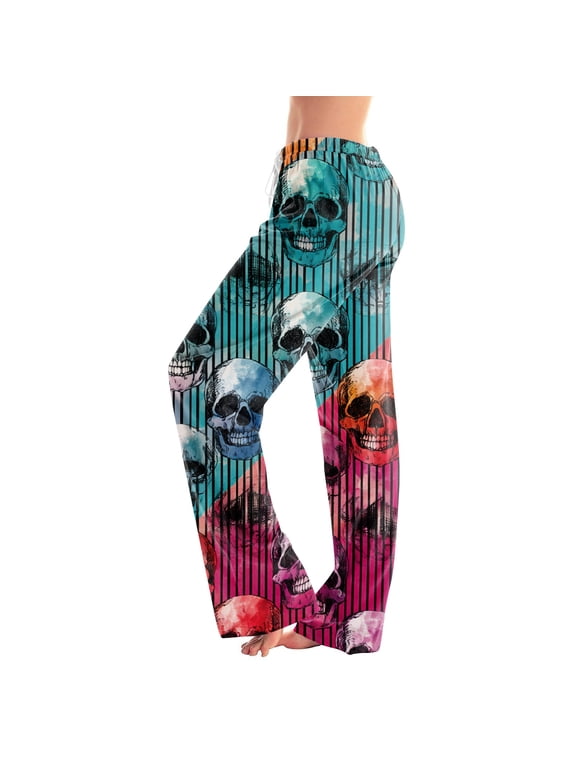 Women's Halloween Skull Print Wide Leg Pants, Colorful Skeleton Pattern High Waist Palazzo Trousers with Pockets