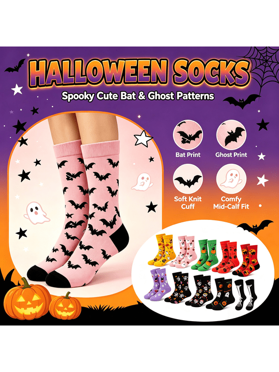 Women's Halloween Socks, Print Crew Socks, Breathable Soft Halloween Socks, Funny Spooky Novelty Socks, Halloween Gift for Women | TruHer, Free Size
