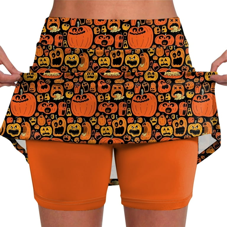 Women s Halloween Spider Print Athletic Skort High Waist Running Skirt with Built in Shorts
