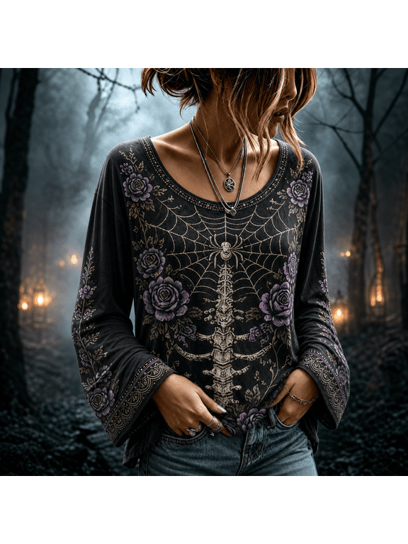 Women's Halloween Spider Web Skeleton Shirt, Floral Graphic Long Sleeve Bell Sleeve Gothic Fall Party Top