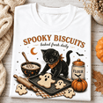 thumbnail image 1 of Women's Halloween Spooky Biscuits Cat Print T-Shirt, Casual Round Neck Short Sleeve Tee For Fall Celebrations, 1 of 7