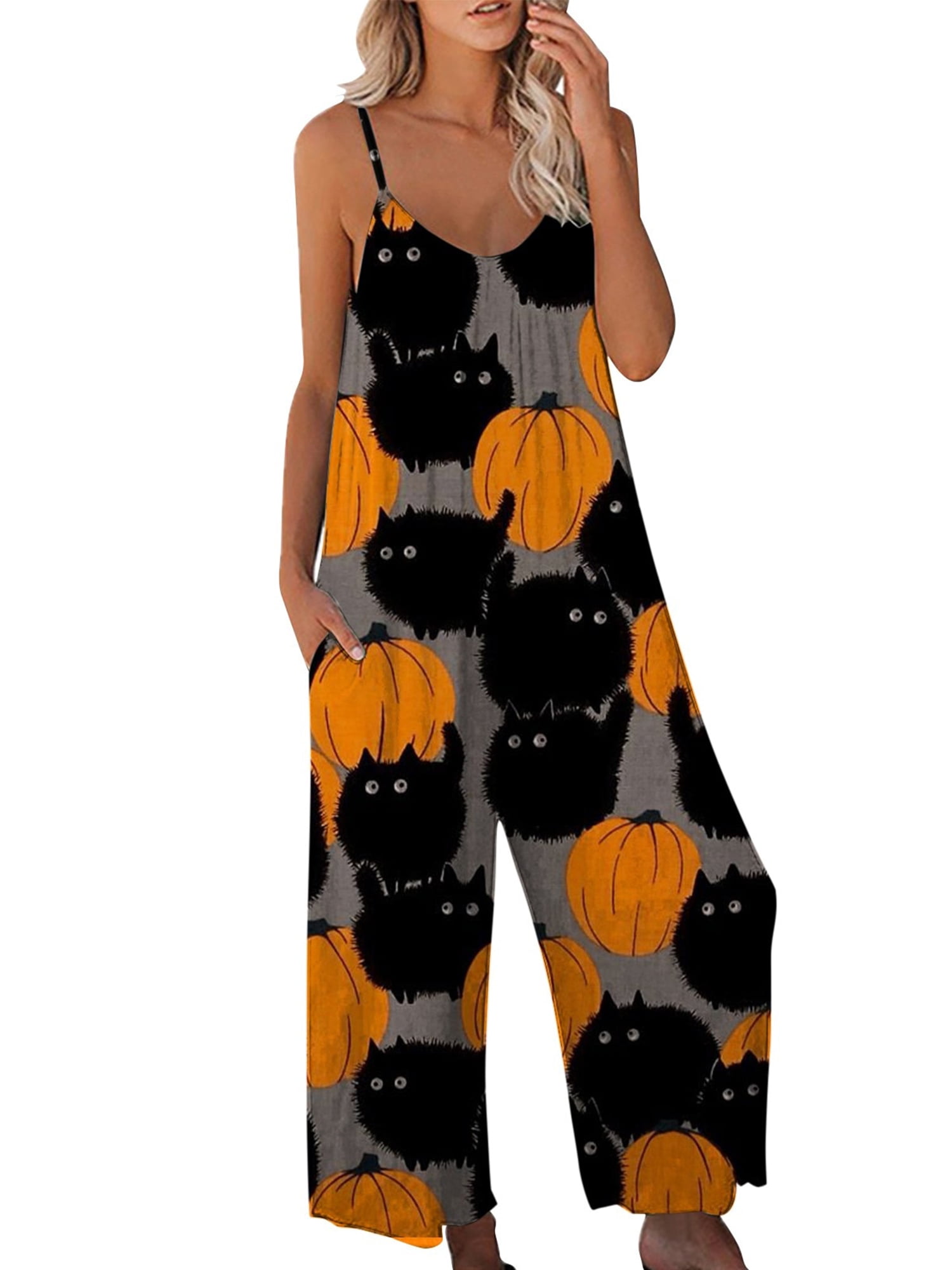 Women's Halloween Strap Jumpsuit Sleeveless One Piece Pumpkin Bat Cat Romper Playsuit Spaghetti Strap Baggy Overalls Pants