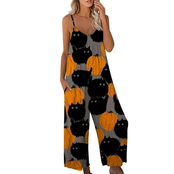 Women's Halloween Strap Jumpsuit Sleeveless One Piece Pumpkin Bat Cat Romper Playsuit Spaghetti Strap Baggy Overalls Pants