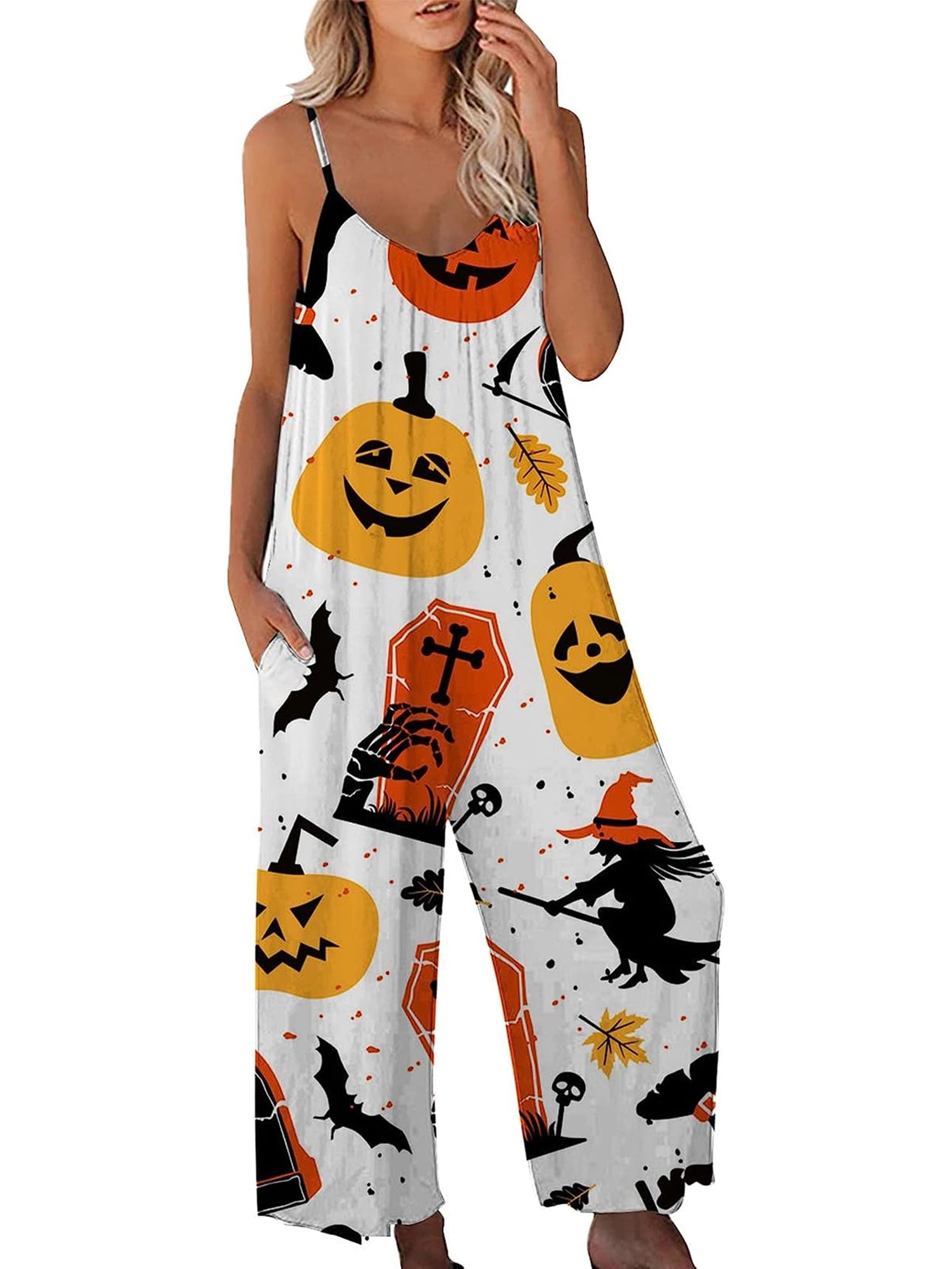 Women's Halloween Strap Jumpsuit Sleeveless One Piece Pumpkin Bat Cat Romper Playsuit Spaghetti Strap Baggy Overalls Pants
