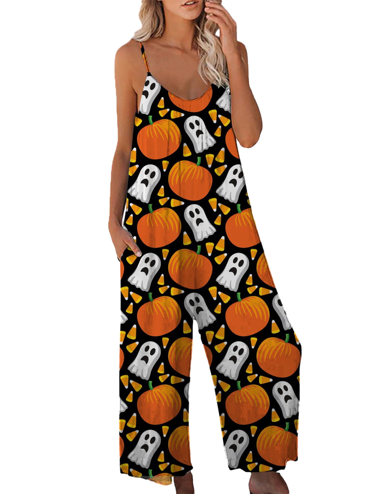 Women's Halloween Strap Jumpsuit Sleeveless One Piece Pumpkin Bat Cat Romper Playsuit Spaghetti Strap Baggy Overalls Pants