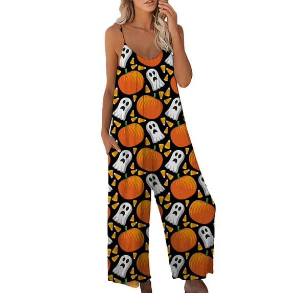 Women's Halloween Strap Jumpsuit Sleeveless One Piece Pumpkin Bat Cat Romper Playsuit Spaghetti Strap Baggy Overalls Pants