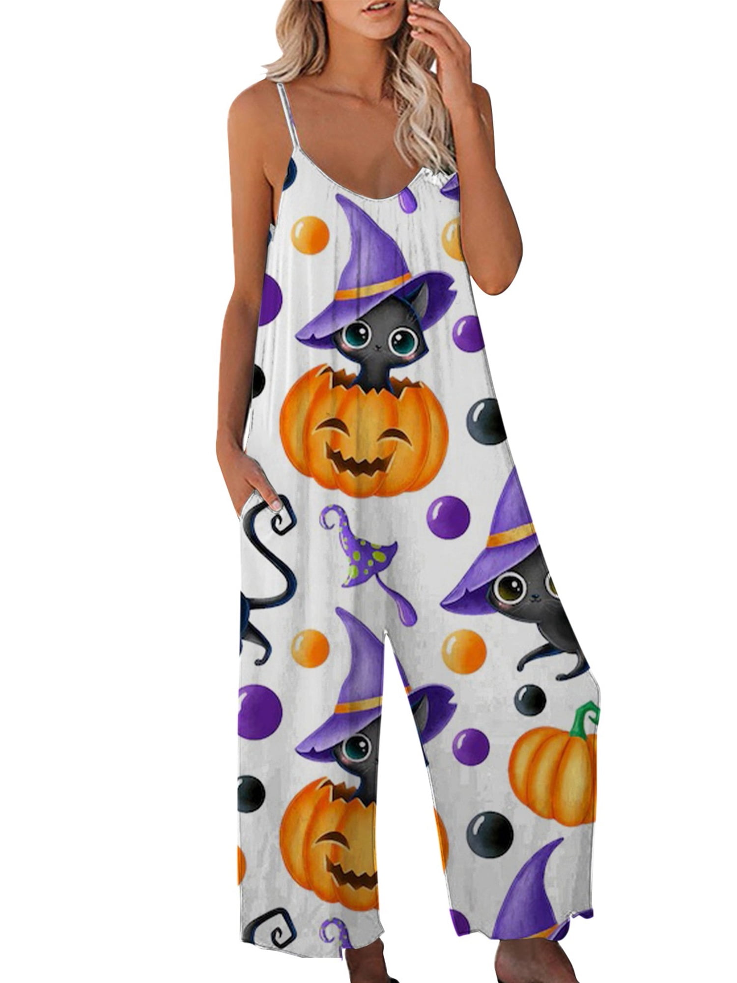 Women's Halloween Strap Jumpsuit Sleeveless One Piece Pumpkin Bat