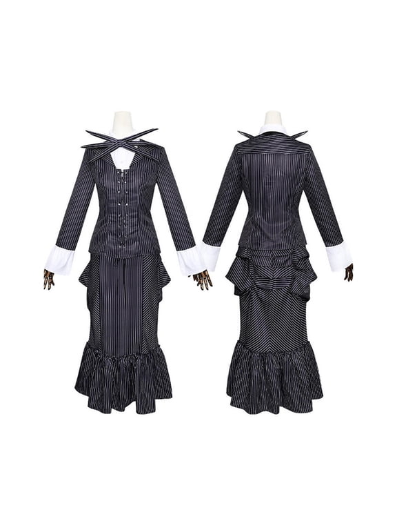Women's Halloween Striped Dress Costume Gothic Nightmare Cosplay Corset Skirt Set with Bat Bowtie for Adult Theme Party