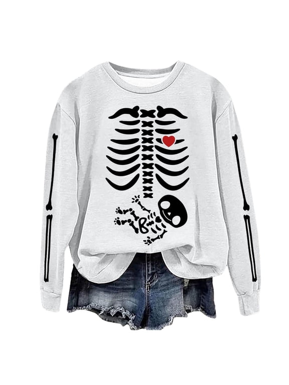 Women's Halloween Sweaters Skeleton Print Long Sleeve Crewneck Cozy Comfort Lightweight Casual Tops
