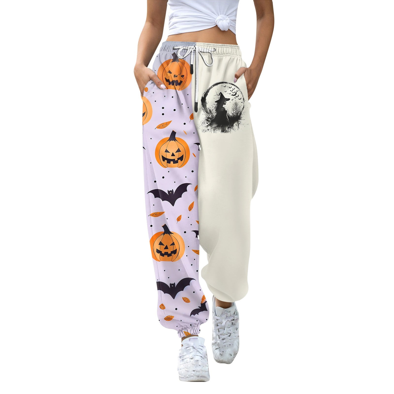 Women s Halloween Sweatpants Pumpkin Bats Print Active Joggers Pants Drawstring High Waisted Lounge Pants Wide Leg Workout Trousers with Pockets light purple X Large Walmart