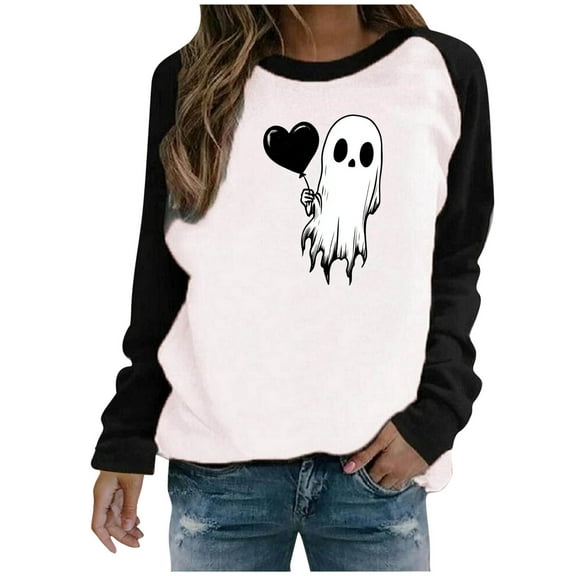 Women's Halloween Sweatshirt Cute Ghost Graphic Blocking Pullover Tops Funny Novelty Pumpkin Print Crewneck Long Sleeve Sweatshirts