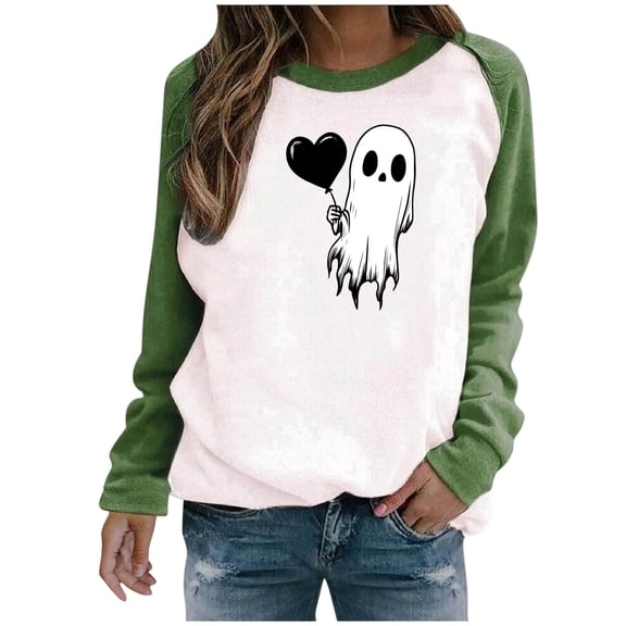 Women's Halloween Sweatshirt Cute Ghost Graphic Blocking Pullover Tops Funny Novelty Pumpkin Print Crewneck Long Sleeve Sweatshirts