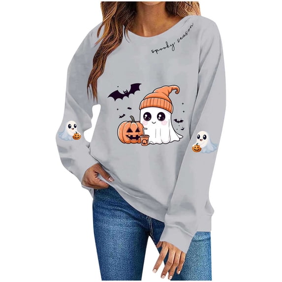 Women's Halloween Sweatshirt Cute Ghost Print Long Sleeve Crew Neck Relaxed Fit Casual Pullover Fall Holiday Party Tops 2026