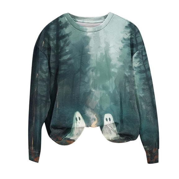 Women's Halloween Sweatshirt Festival Print Loose Crew Neck Sweater Tops Long Sleeve Casual Pullover Fall Shirts(Green L)