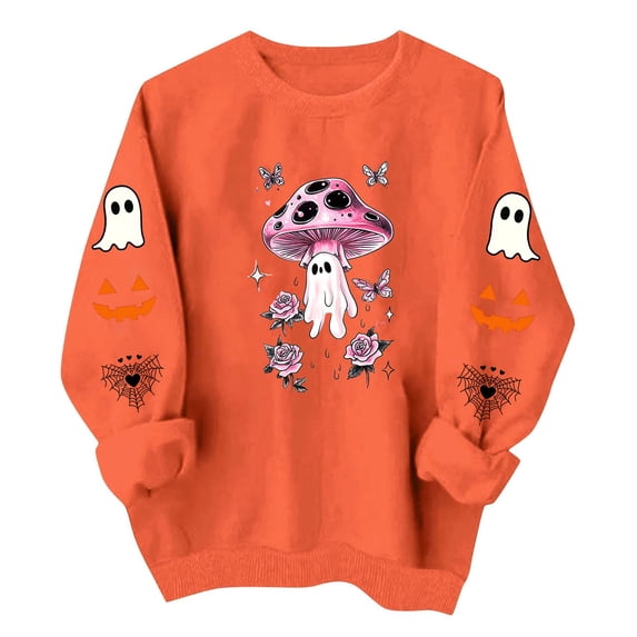 Women's Halloween Sweatshirt Pink Mushroom Ghost Graphic Pullover Tops Long Sleeve Crewneck Fall Casual Holiday Shirts