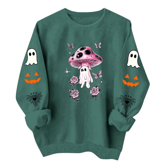 Women's Halloween Sweatshirt Pink Mushroom Ghost Graphic Pullover Tops Long Sleeve Crewneck Fall Casual Holiday Shirts