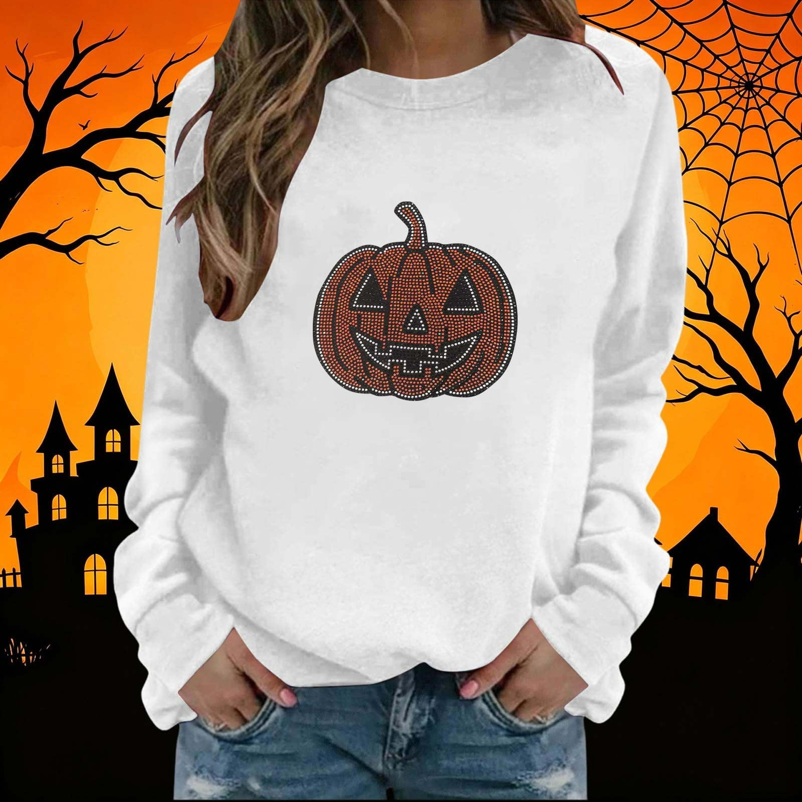 Women's Halloween Sweatshirt, Round Neck Long Sleeve Loose Fit ...