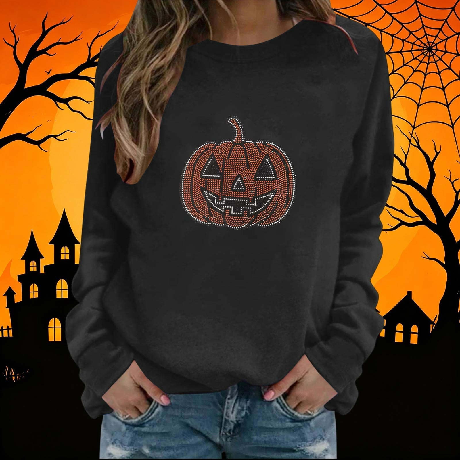 Women's Halloween Sweatshirt, Round Neck Long Sleeve Loose Fit ...