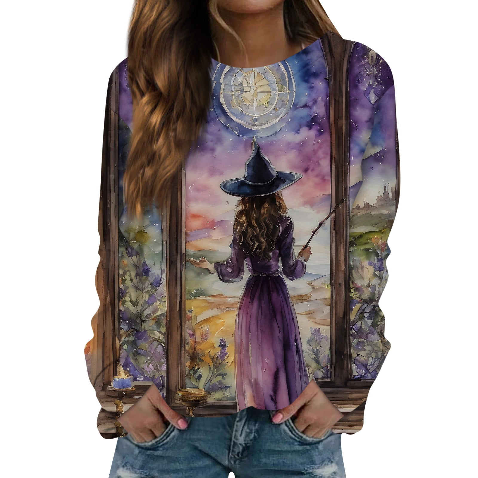 Women's Halloween Sweatshirt Witch Graphic Oversized Pullover Tops Long