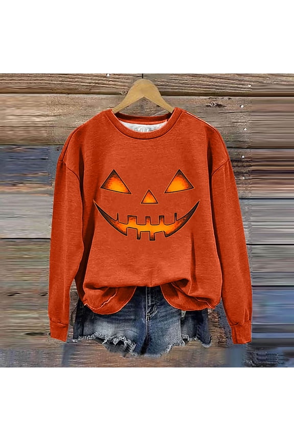 Women's Halloween Sweatshirts Long Sleeve Crewneck Pullover with Pumpkin Face Graphic Print Tops Fall Casual Comfortable Streetwear