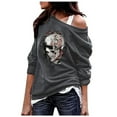 thumbnail image 1 of Women's Halloween Sweatshirts Off Shoulder Skull Graphic Long Sleeve Tunic Tops Gothic Fall Fashion Pullover, 1 of 3