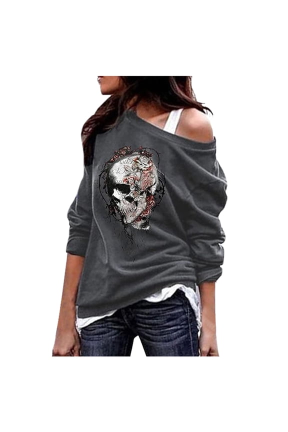 Women's Halloween Sweatshirts Off Shoulder Skull Graphic Long Sleeve Tunic Tops Gothic Fall Fashion Pullover