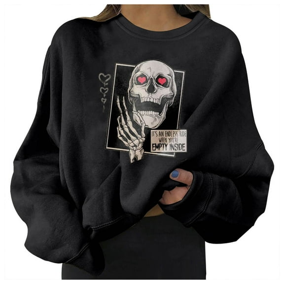 Women's Halloween Sweatshirts Skull Graphic Long Sleeve Loose Fit Pullover Gothic Fall Casual Tops