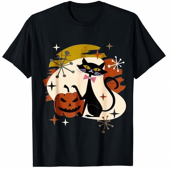Women's Halloween T-Shirt, Black Cat and Jack O Lantern Retro Graphic, Spooky Short Sleeve Casual Shirt