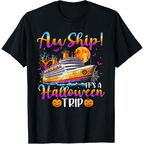 Women’s Halloween T-Shirt – Creepy Cruise Adventure with Pumpkins, Bats & Moon