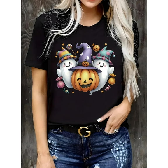 Women's Halloween T-Shirt,Cute Ghost, Witch Hat & Pumpkin Lantern Graphic Tee,Short Sleeve Casual Tops,Funny,cotton,black,S-5XL